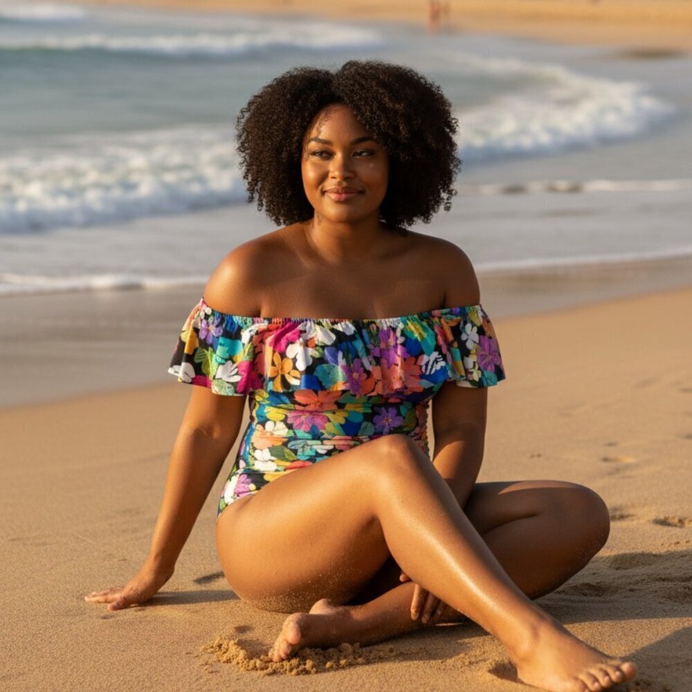 Swim Solutions Plus Size Tummy Control Off-The-Shoulder Ruffled Swimsuit Sz 18W